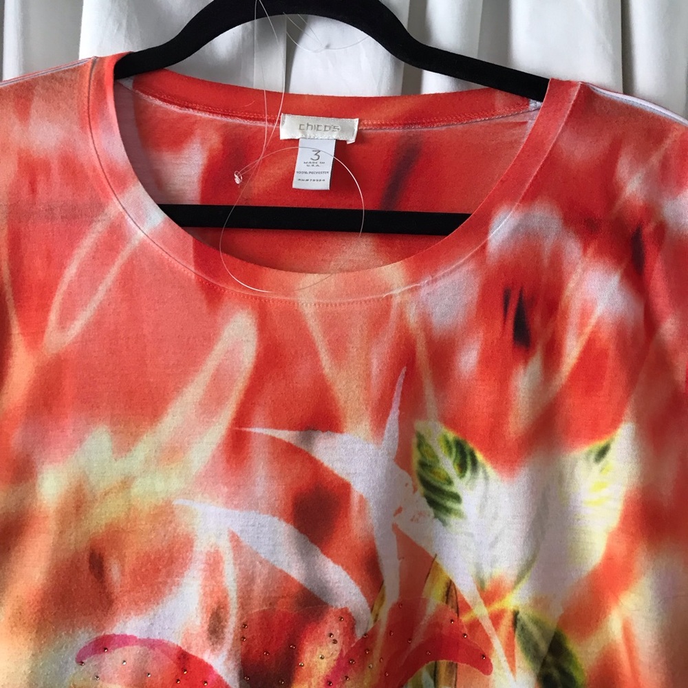 Chico's Coral, Red & Yellow Floral Short Sleeve Tee - Picture 2 of 4